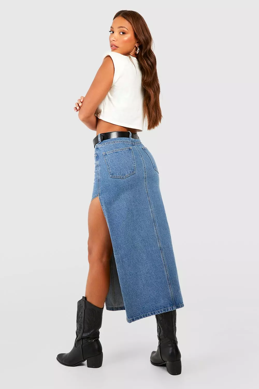 Tall High Waist Thigh Split Denim Midi Skirt